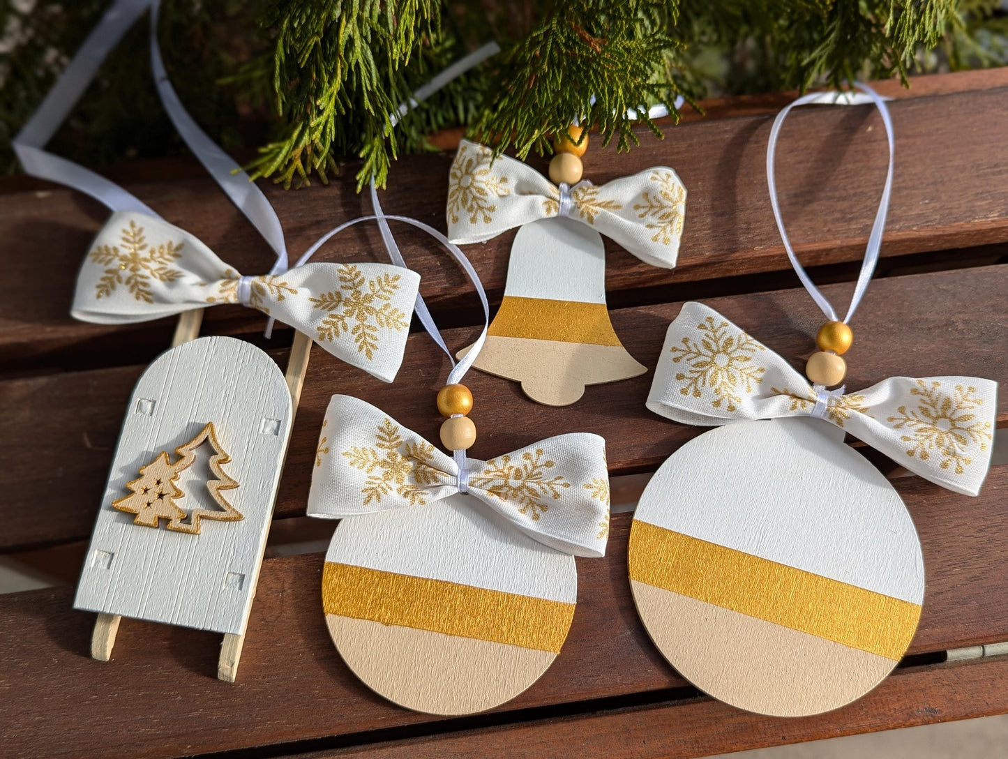 Scandinavian Christmas Ornaments Set: Hand-Painted Wood, Gold Accent