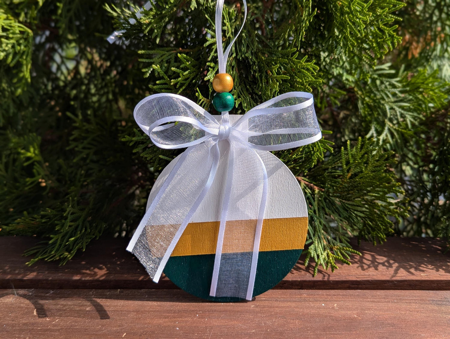 Hand-Painted Scandinavian Christmas Ornament: Gold & Beige Wood