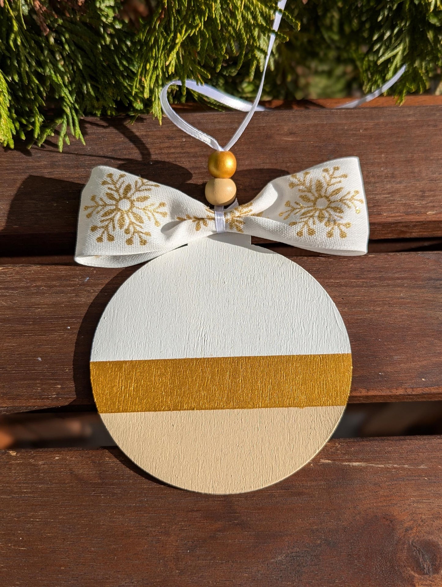 Personalized Scandinavian Christmas Ornament: Hand-Painted Wooden Bauble with Bow