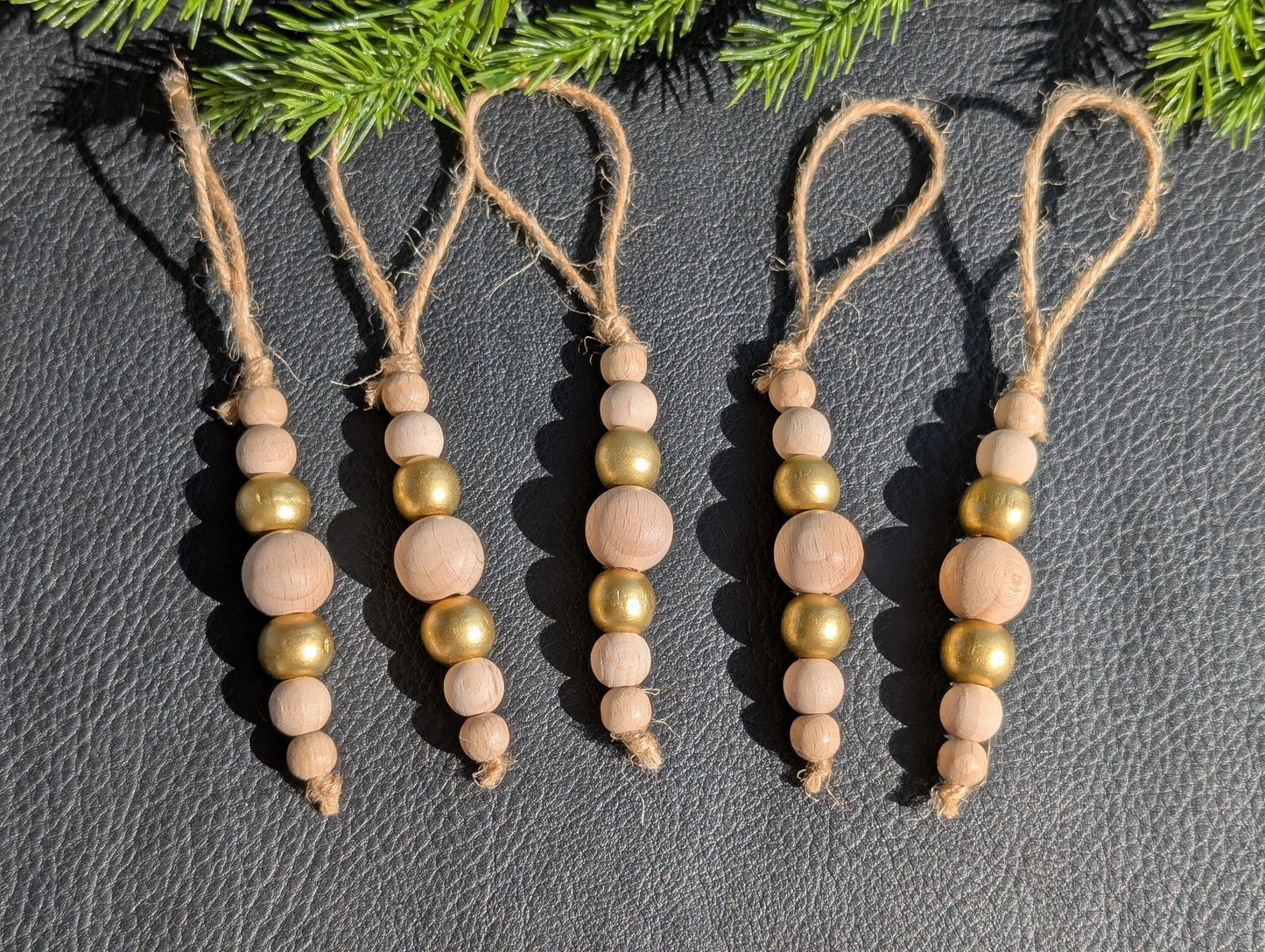 Handmade Wooden Bead Christmas Ornament Set: Rustic Holiday Decor
