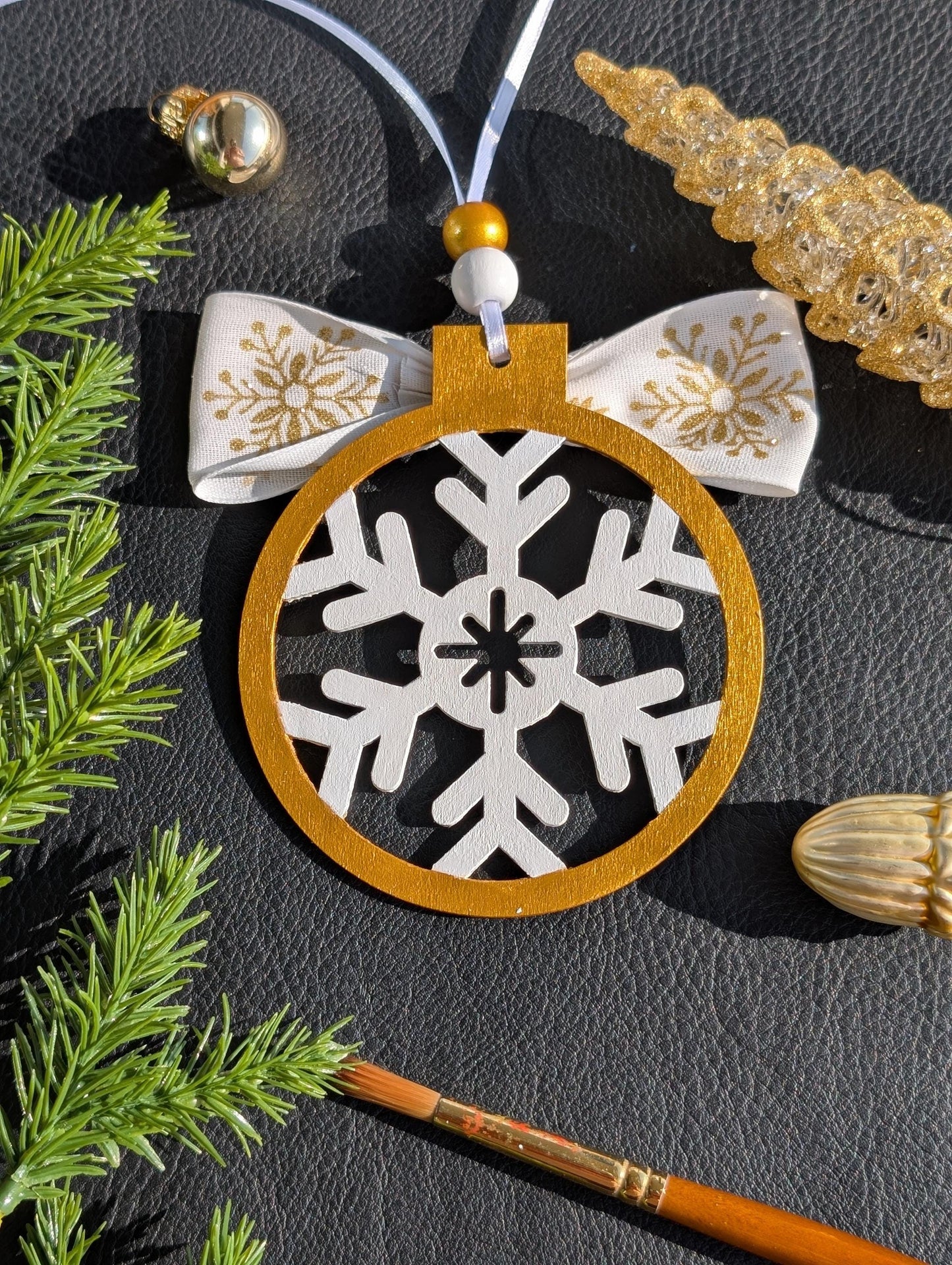 Hand-Painted Wooden Snowflake Ornament - Christmas Decoration
