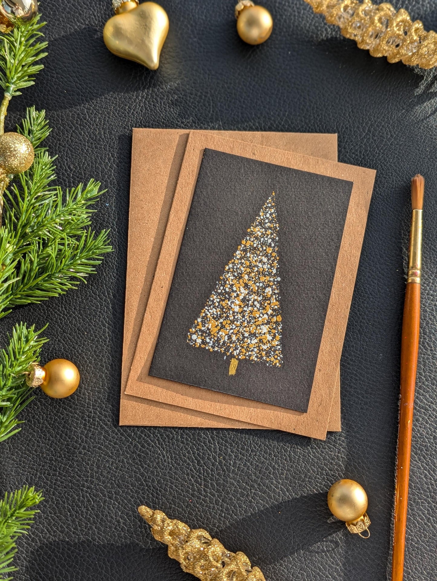 Handmade Christmas Card: Black Paper, Gold Splatter Tree