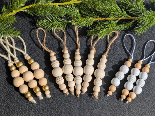 Handmade Wooden Bead Christmas Ornament Set: Rustic Holiday Decor