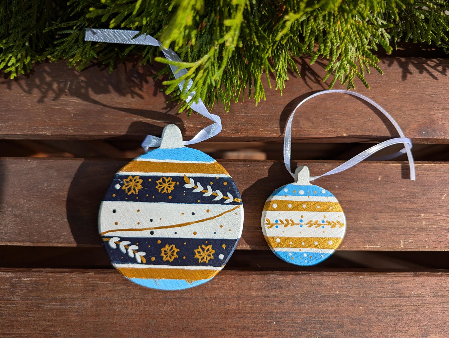 Hand Painted Boho Christmas Ornaments: Blue & Gold Wooden Decorations