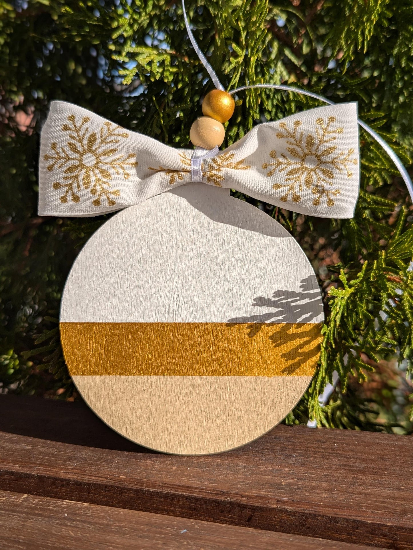 Personalized Scandinavian Christmas Ornament: Hand-Painted Wooden Bauble with Bow