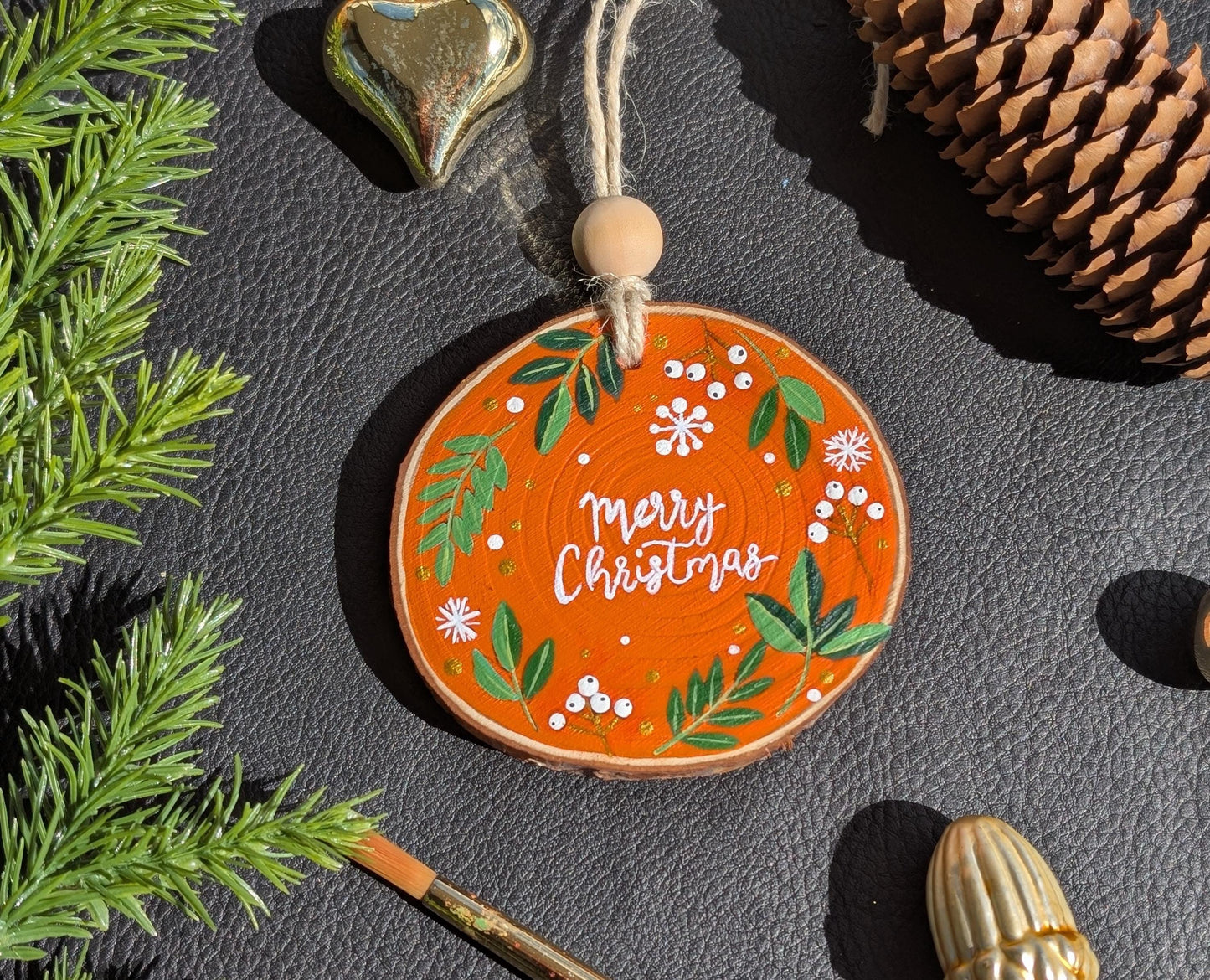 Hand-Painted Wood Slice Christmas Tree Ornament: Rustic Farmhouse Decor