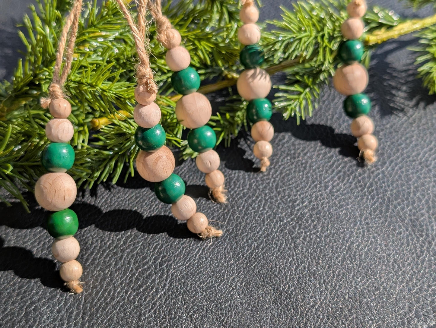 Handmade Wooden Bead Christmas Ornament Set: Rustic Holiday Decor