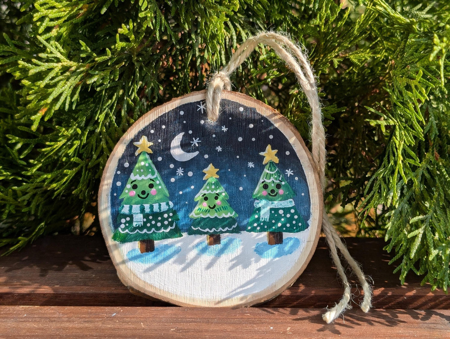 Hand Painted Wood Slice Christmas Ornament: Rustic Family Tree Decor