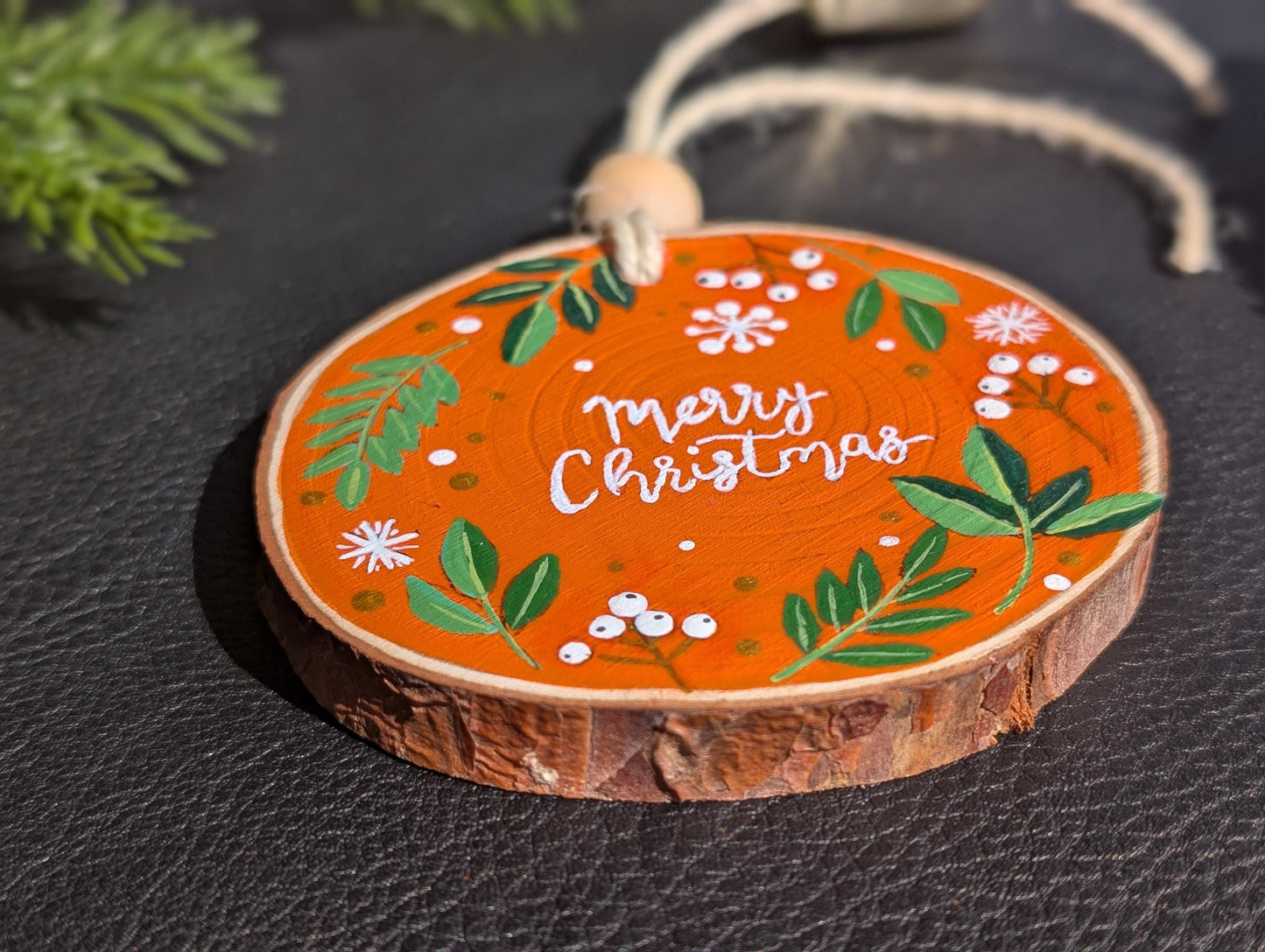 Hand-Painted Wood Slice Christmas Tree Ornament: Rustic Farmhouse Decor