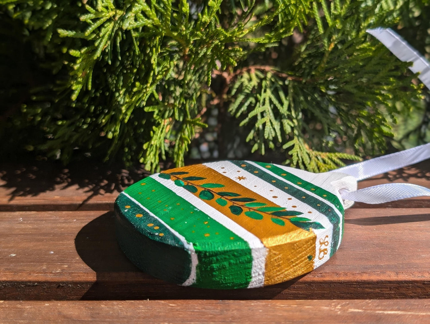 Hand-Painted Wooden Christmas Ornament: Green & Gold Boho Decor