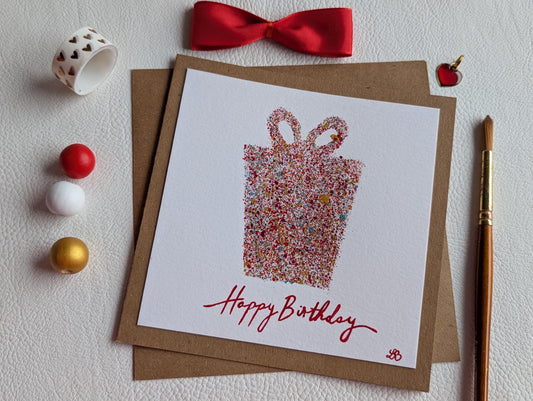 Hand Painted Birthday Card: Modern Gift Box Design