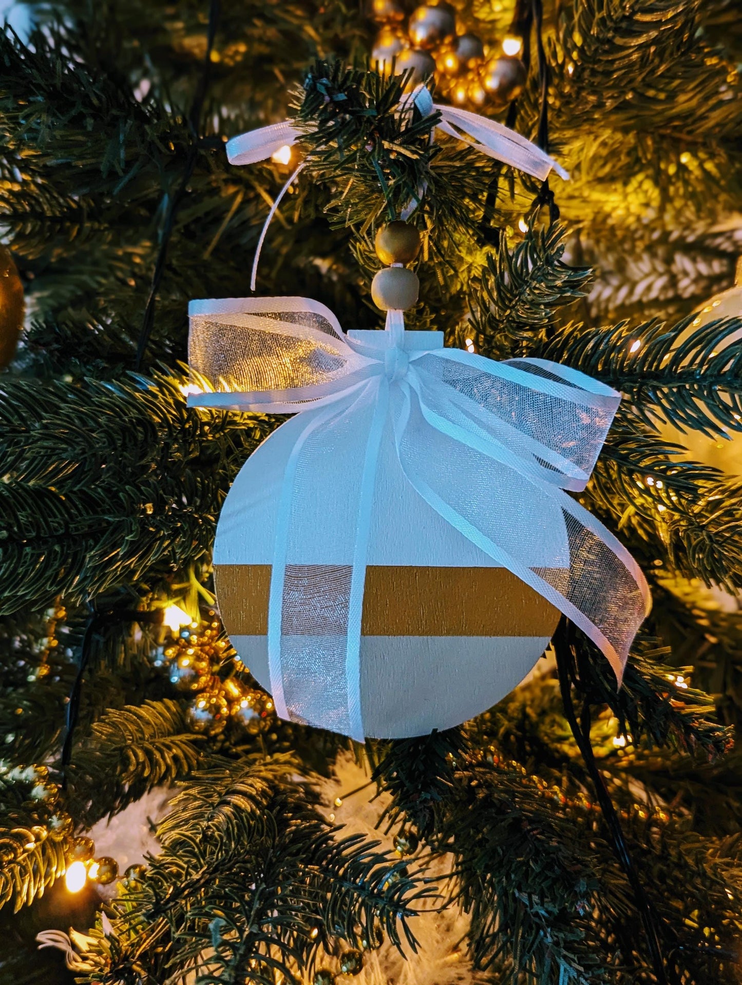 Hand-Painted Scandinavian Christmas Ornament: Gold & Beige Wood