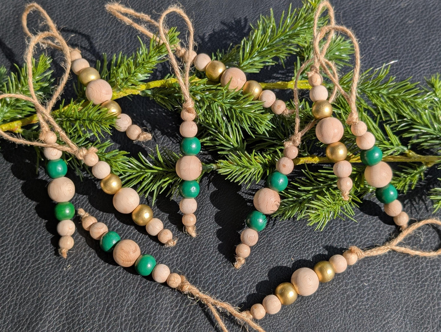 Handmade Wooden Bead Christmas Ornament Set: Rustic Holiday Decor