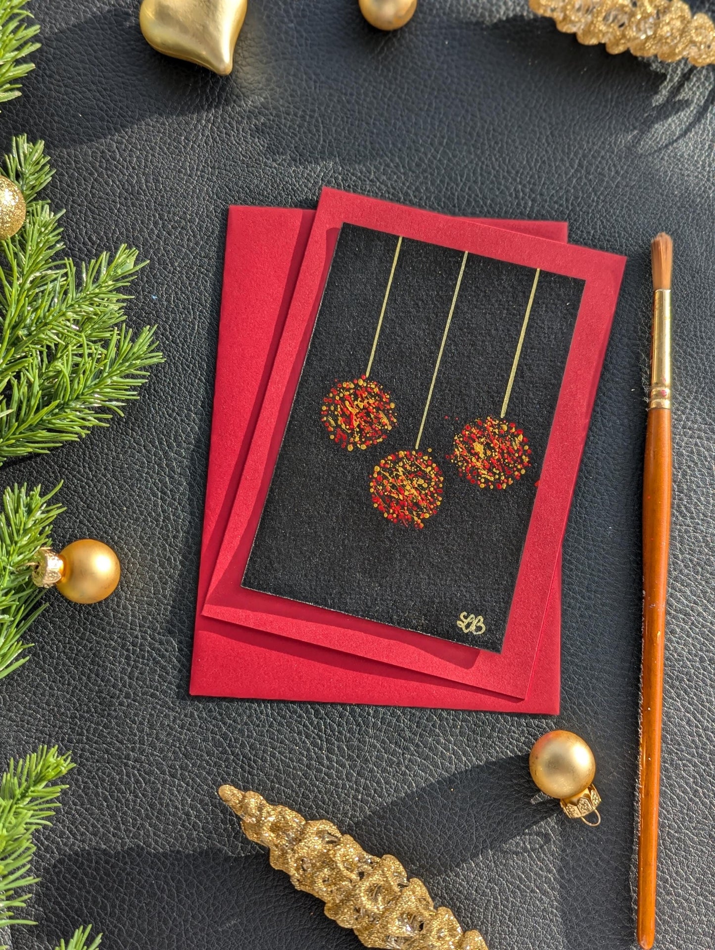 Handmade Christmas Tree Card , Black & Gold, Minimalist Holiday Greeting Card