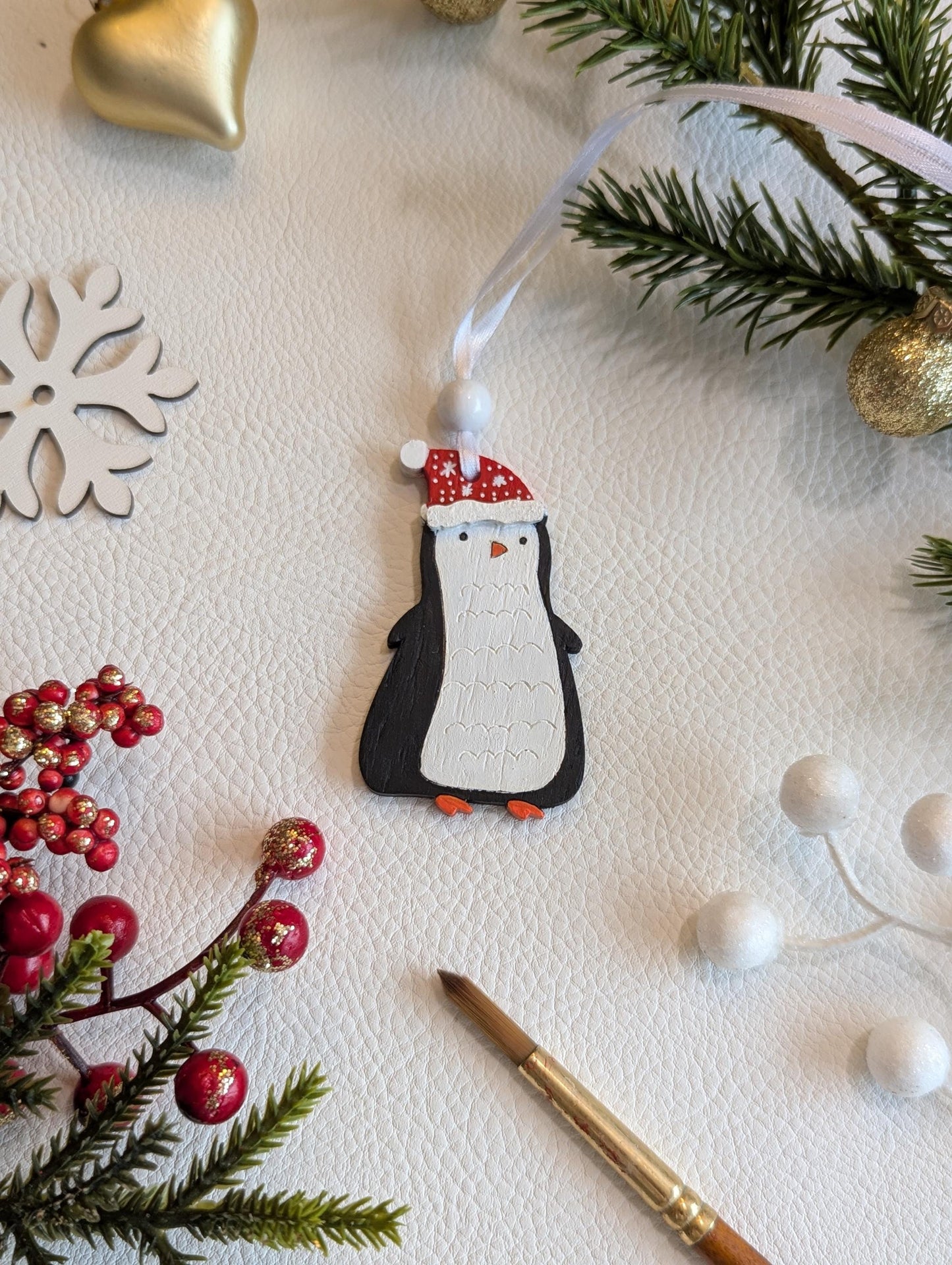 Handmade Penguin Christmas Ornament: Painted Wooden Tree Decoration