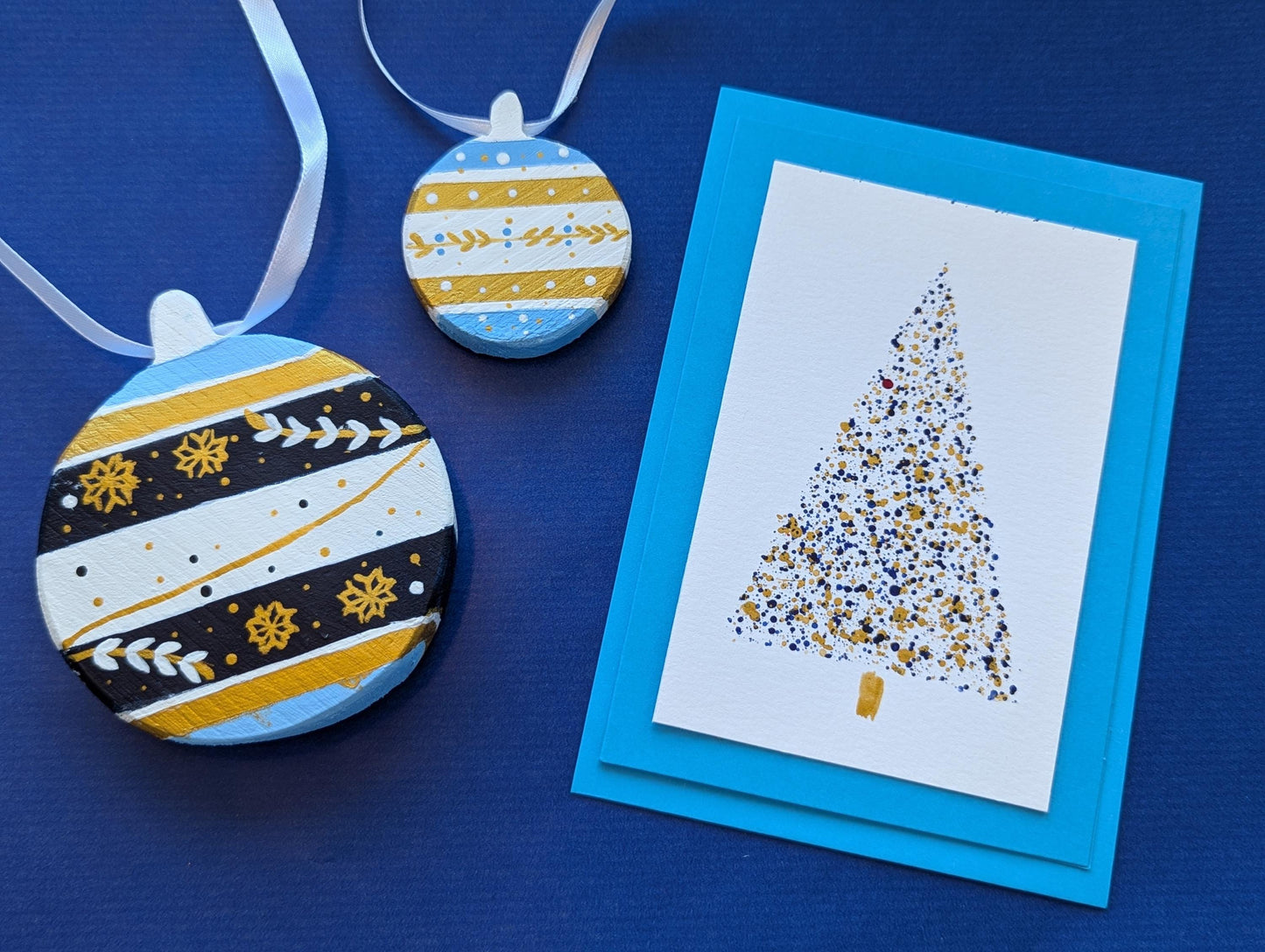 Hand-Painted Blue Wood Christmas Ornaments & Card Set: Boho Holiday Decor