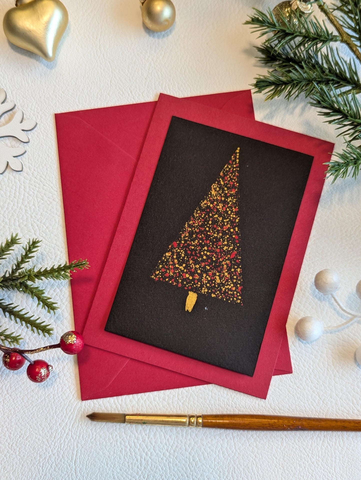 Handmade Christmas Tree Card , Black & Gold, Minimalist Holiday Greeting Card