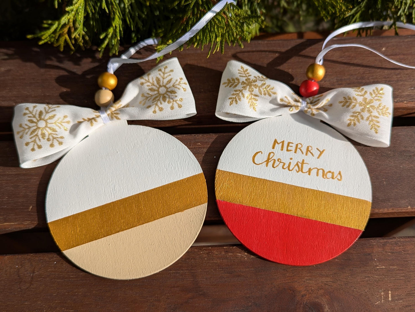 Personalized Scandinavian Christmas Ornament: Hand-Painted Wooden Bauble with Bow