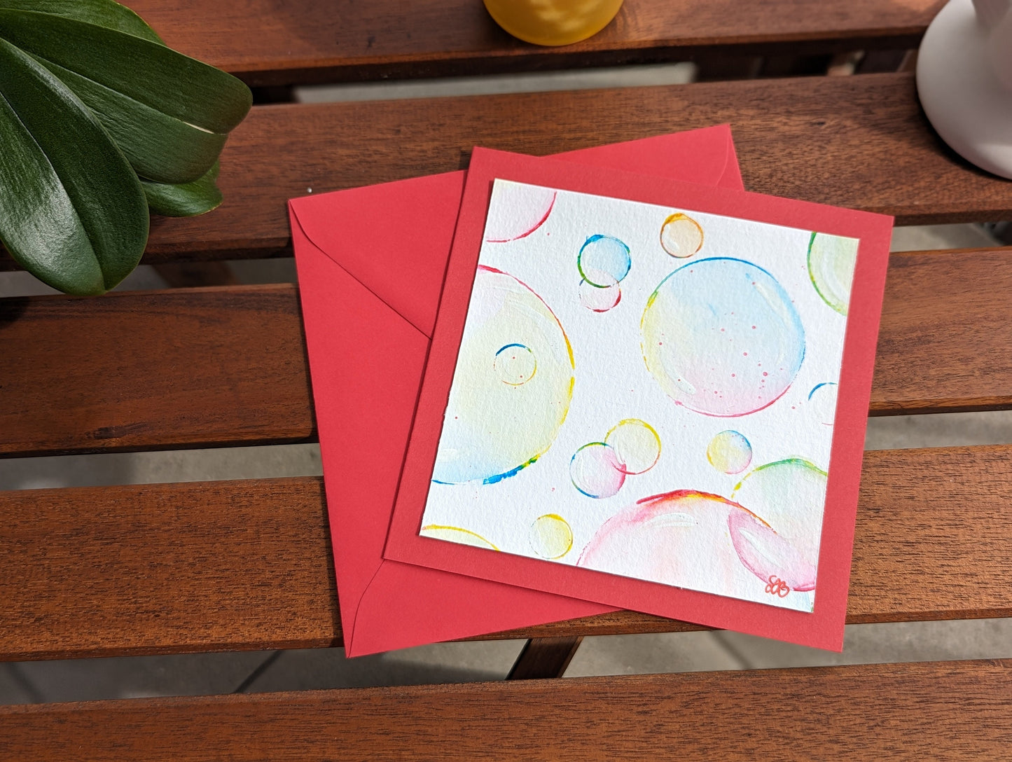 Hand-Painted Bubble Card: Colorful Greeting Card With Red Envelope