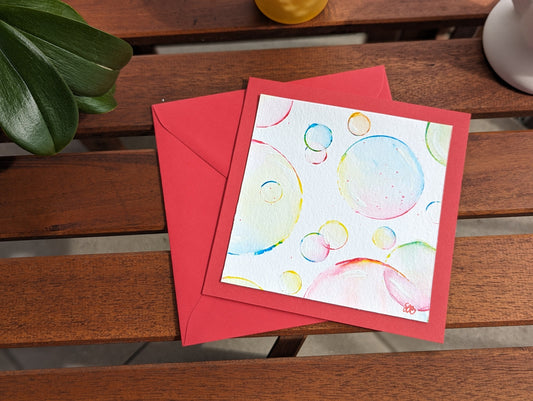 Hand-Painted Bubble Card: Colorful Greeting Card With Red Envelope