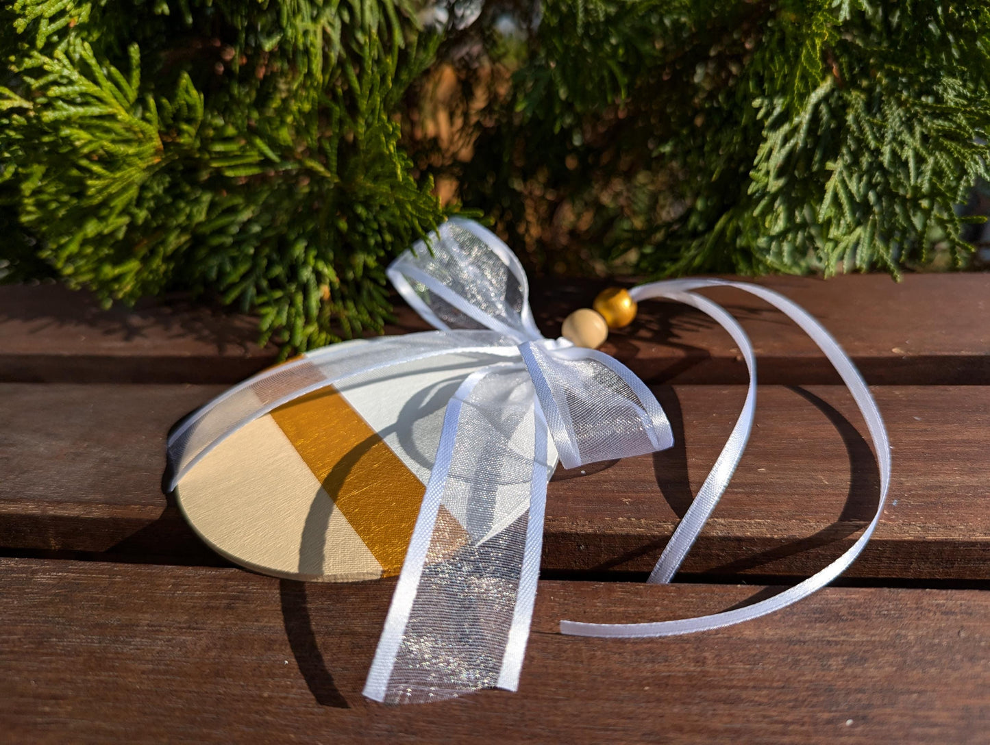 Hand-Painted Scandinavian Christmas Ornament: Gold & Beige Wood