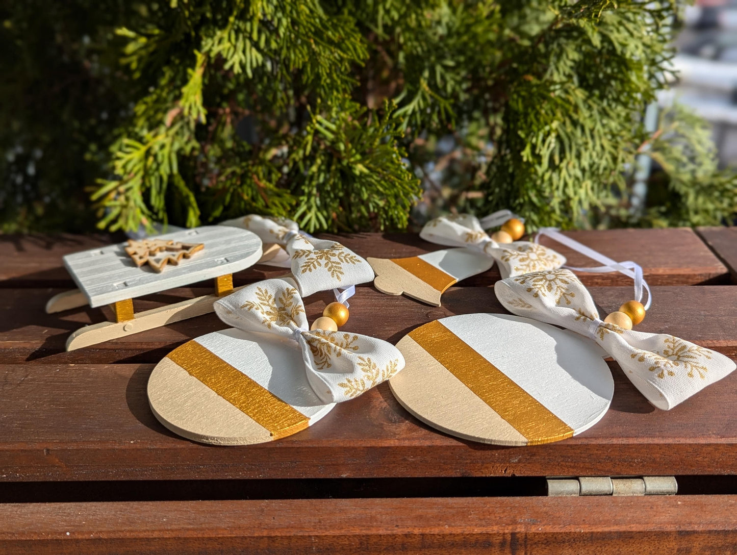 Scandinavian Christmas Ornaments Set: Hand-Painted Wood, Gold Accent