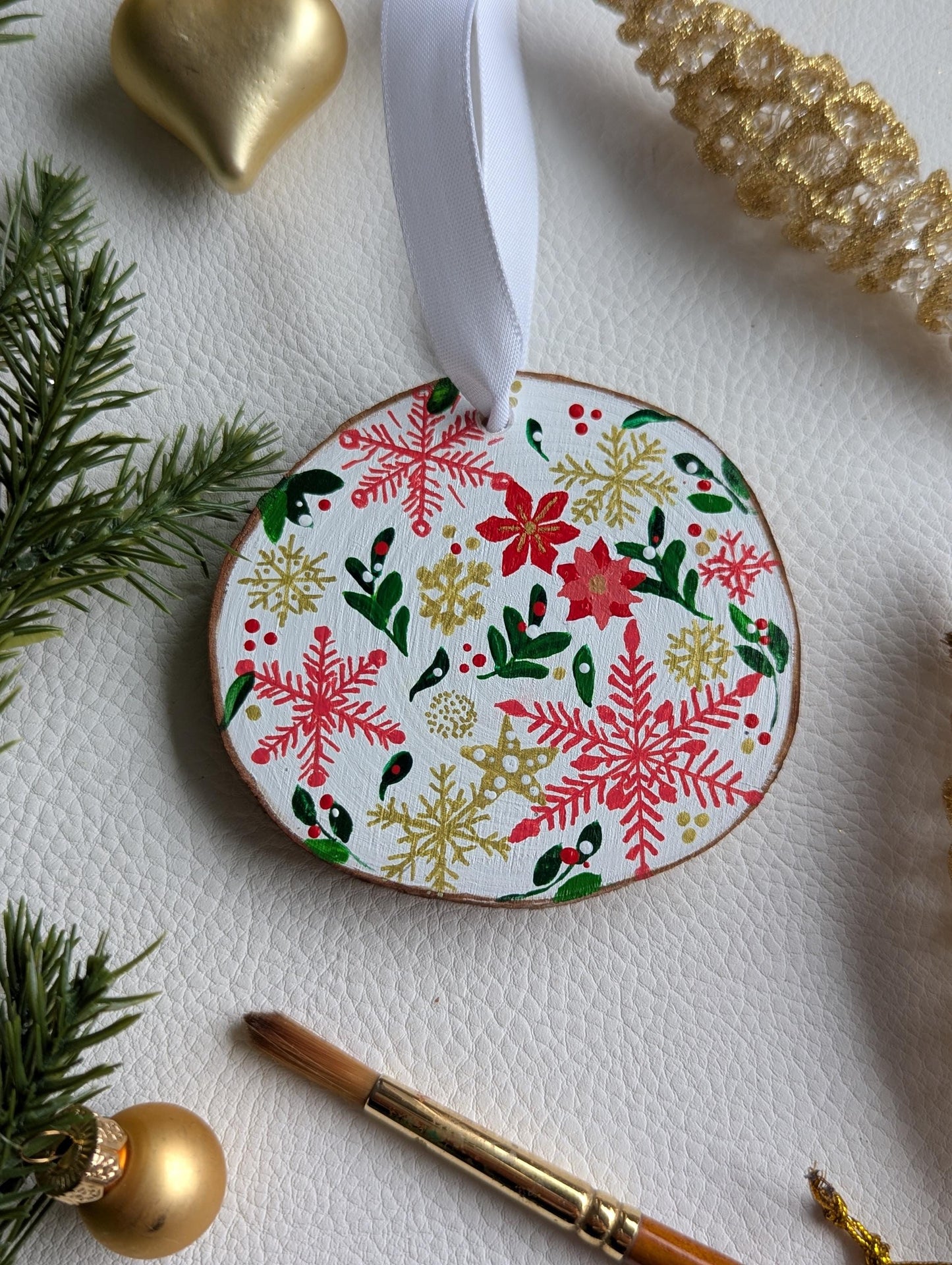Hand-Painted Rustic Christmas Ornament: Red Floral Snowflake Wood Slice