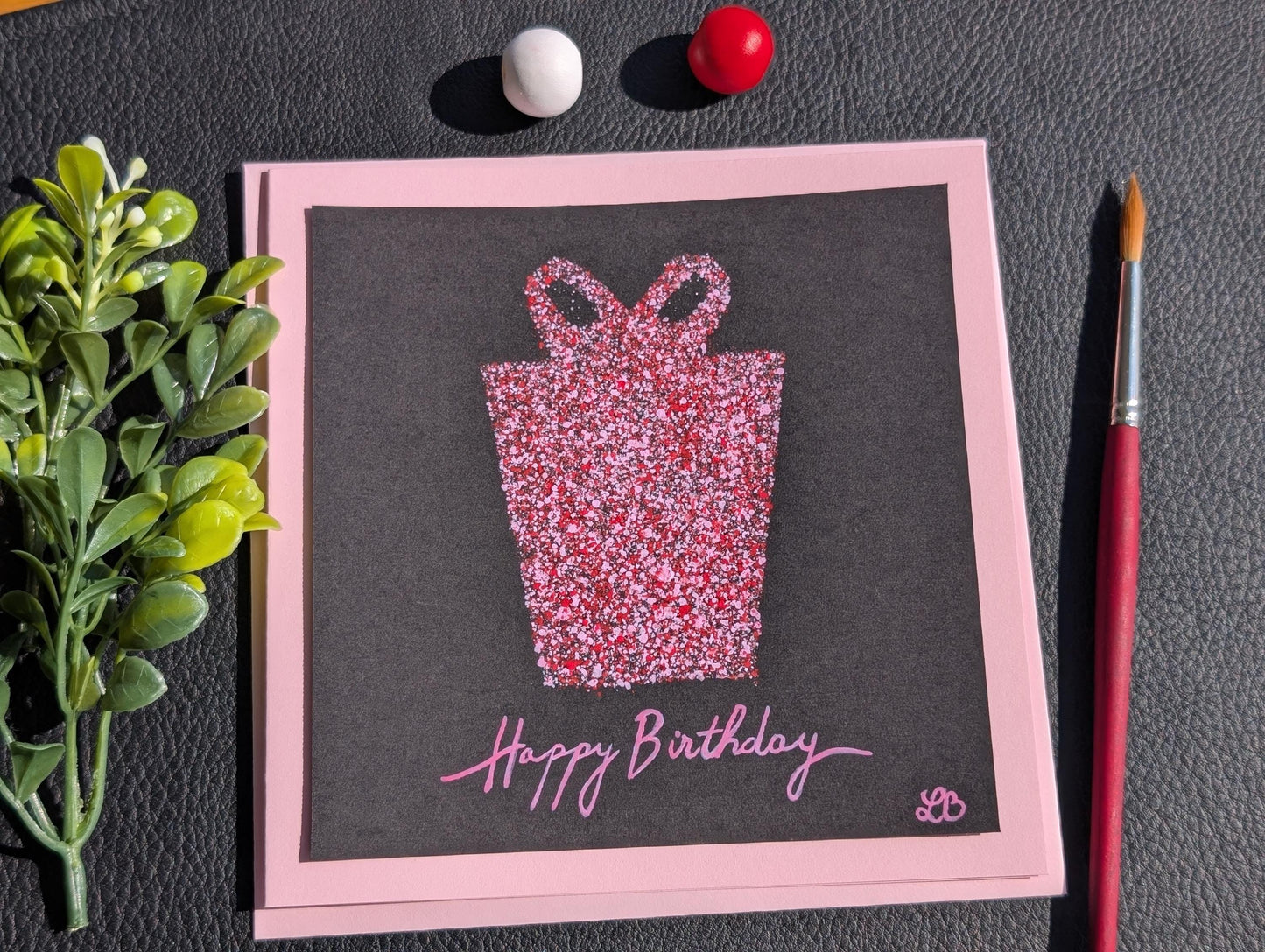 Hand Painted Birthday Card: Modern Gift Box Design, Acrylic Mini Painting