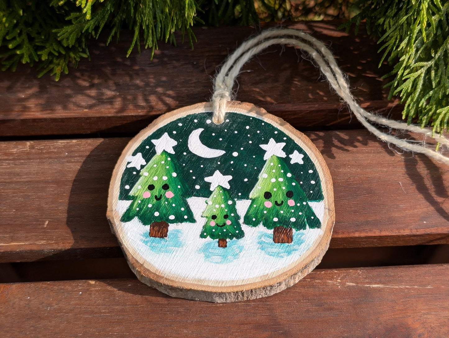 Hand-Painted Wood Slice Christmas Ornament: Farmhouse Tree Family