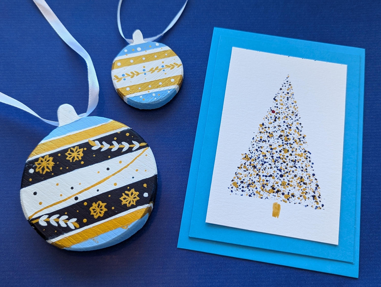 Hand-Painted Blue Wood Christmas Ornaments & Card Set: Boho Holiday Decor