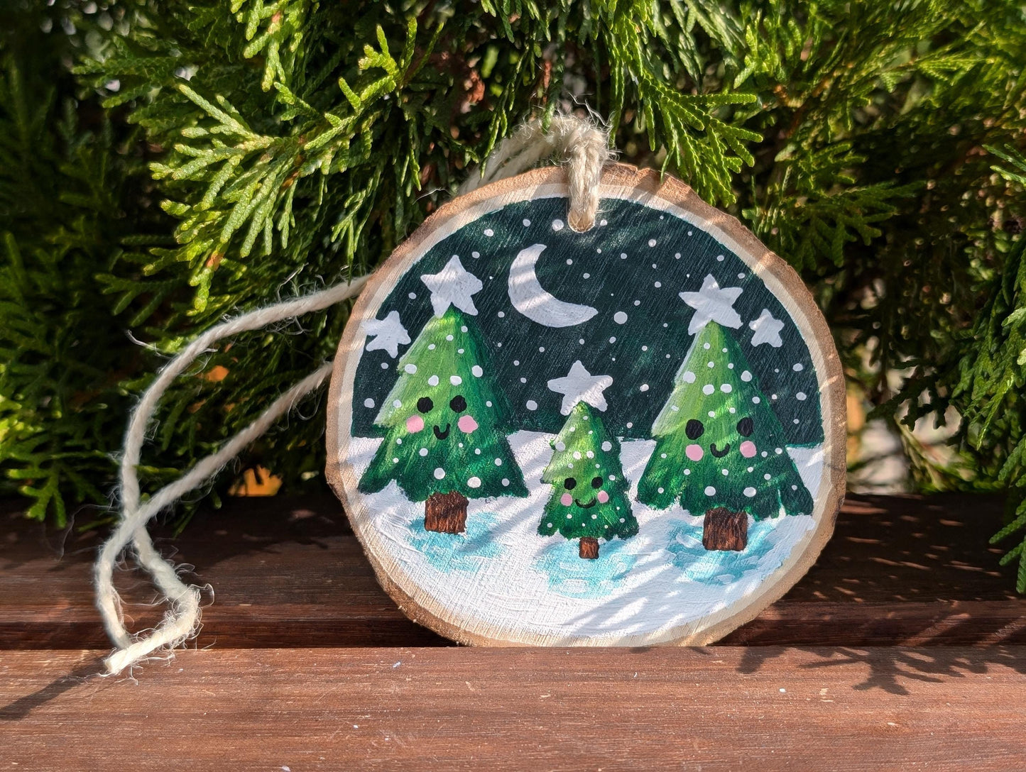 Hand-Painted Wood Slice Christmas Ornament: Farmhouse Tree Family