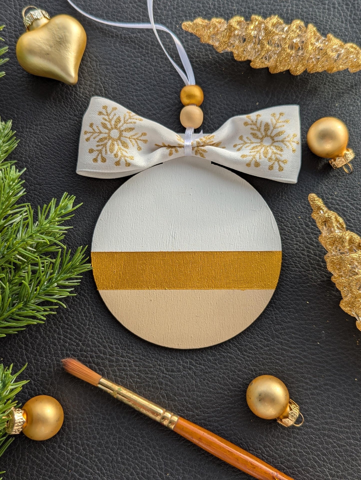 Personalized Scandinavian Christmas Ornament: Hand-Painted Wooden Bauble with Bow