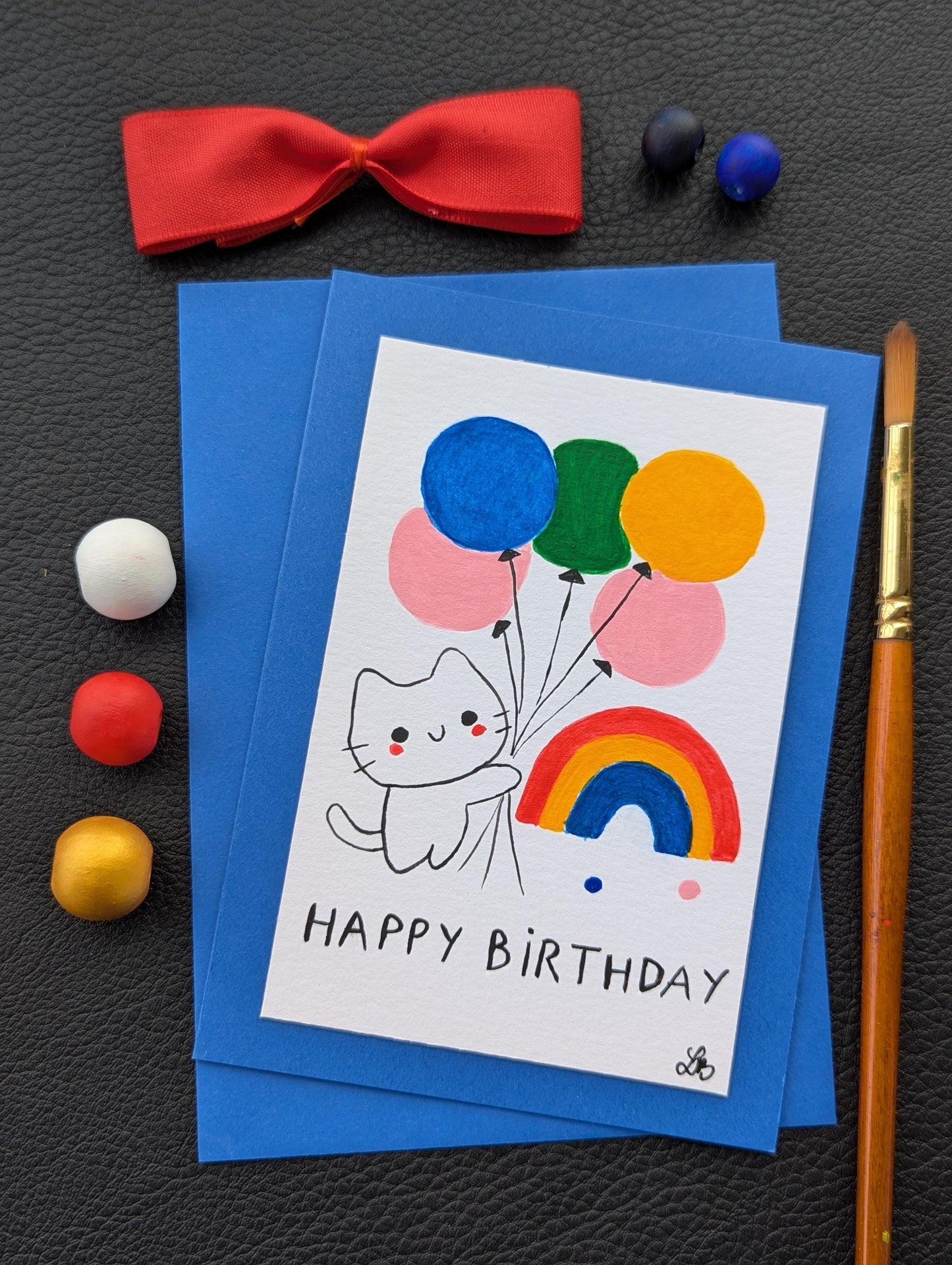 Handmade Funny Cat Birthday Card: Original Acrylic Painting