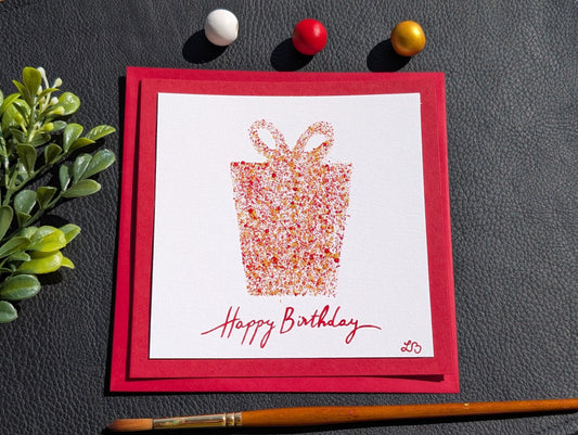 Hand-Painted Red Birthday Card: Modern Gift Box Design