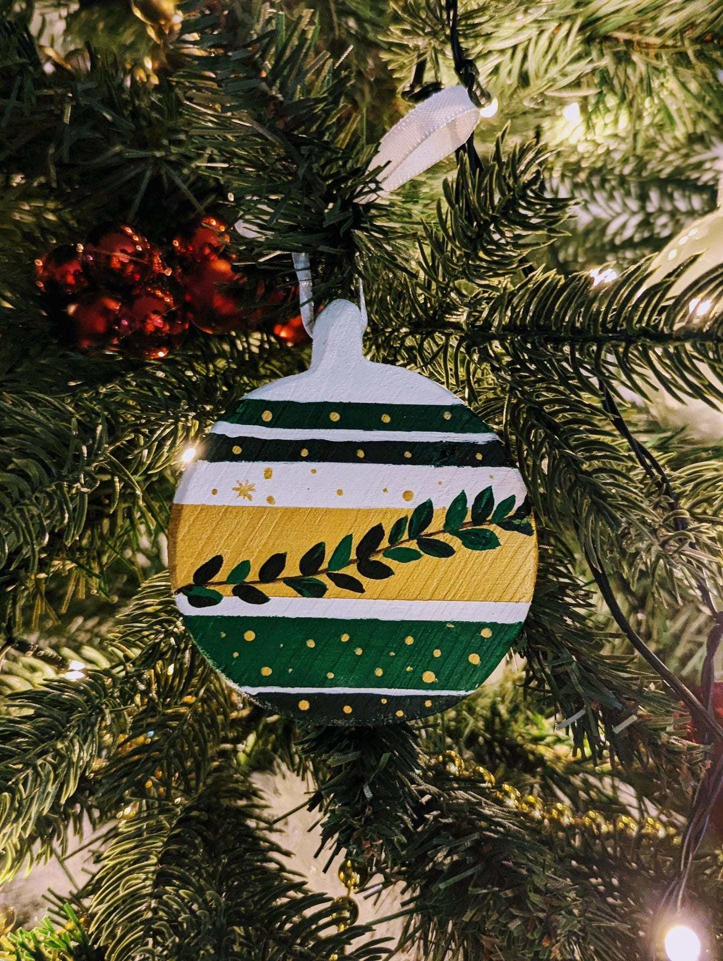 Hand-Painted Wooden Christmas Ornament: Green & Gold Boho Decor
