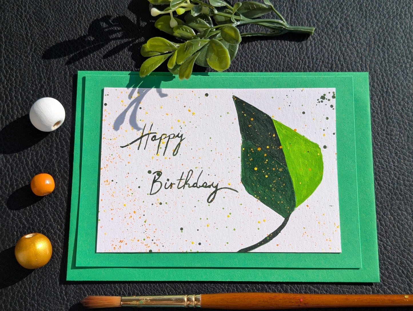 Hand painted Leaf Birthday Card: Original Acrylic Painting