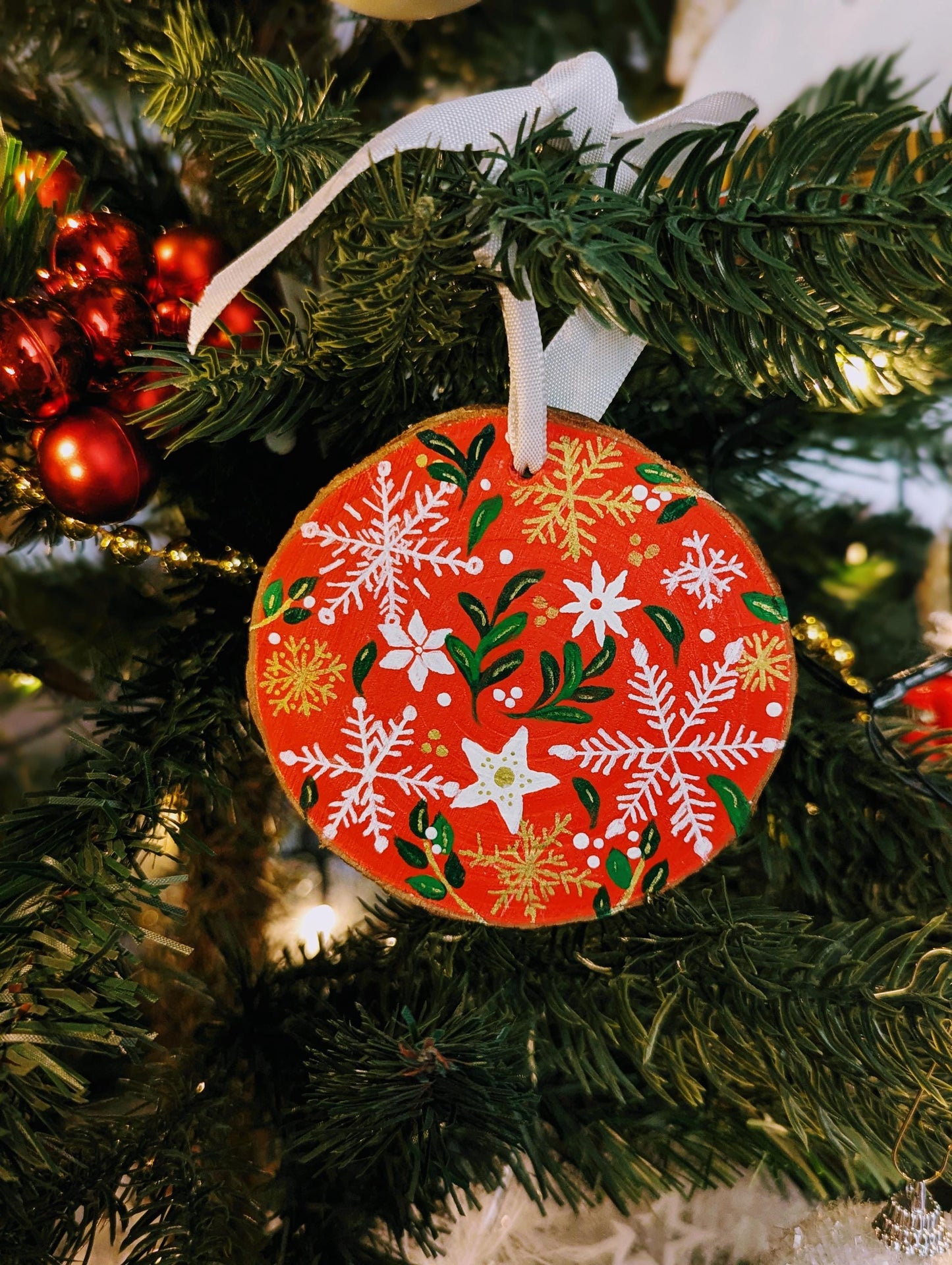 Hand-Painted Rustic Christmas Ornament: Red Floral Snowflake Wood Slice
