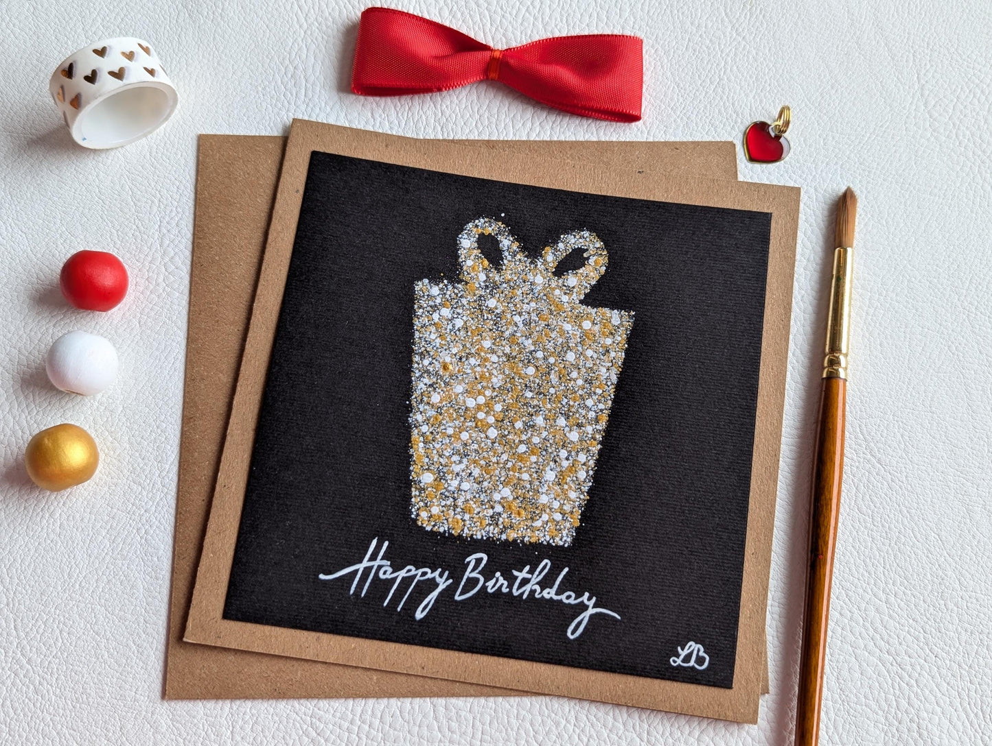 Hand Painted Birthday Card: Modern Gift Box Design, Acrylic Mini Painting