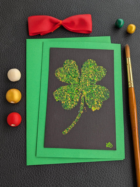 Hand Painted Acrylic Good Luck Card: Black, Green & Gold