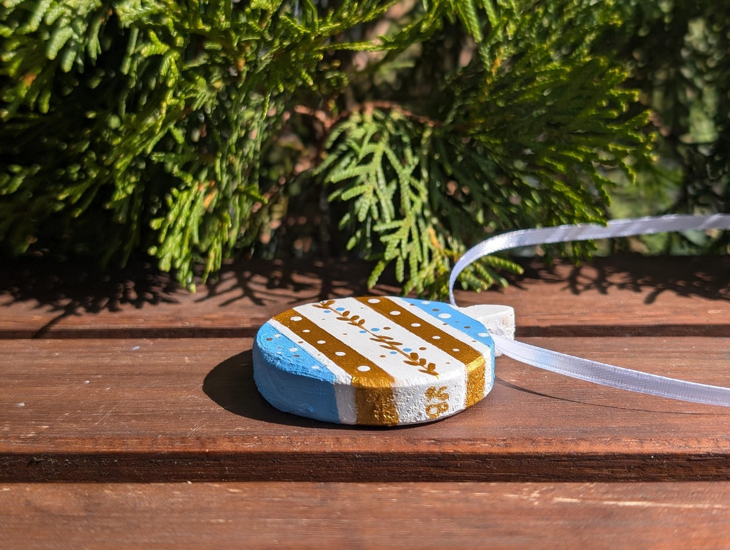 Hand Painted Boho Christmas Ornaments: Blue & Gold Wooden Decorations