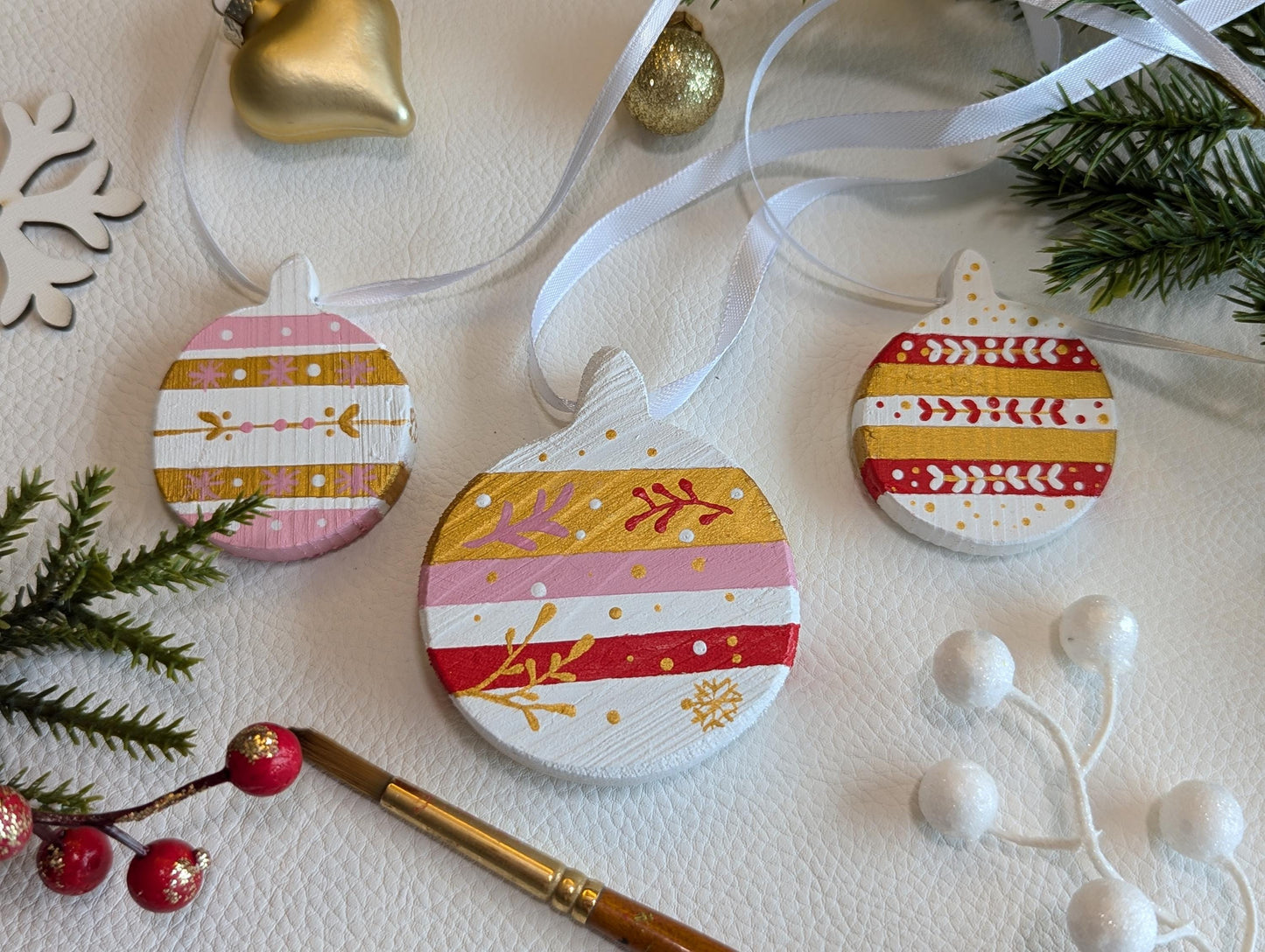 Hand Painted Boho Christmas Ornaments: Blue & Gold Wooden Decorations