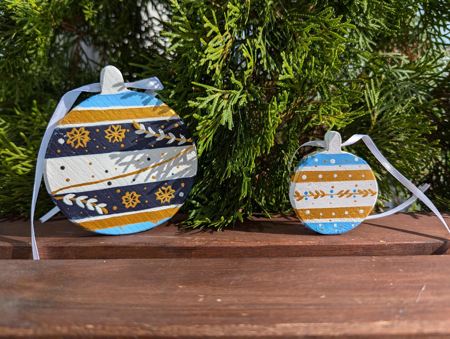 Hand Painted Boho Christmas Ornaments: Blue & Gold Wooden Decorations