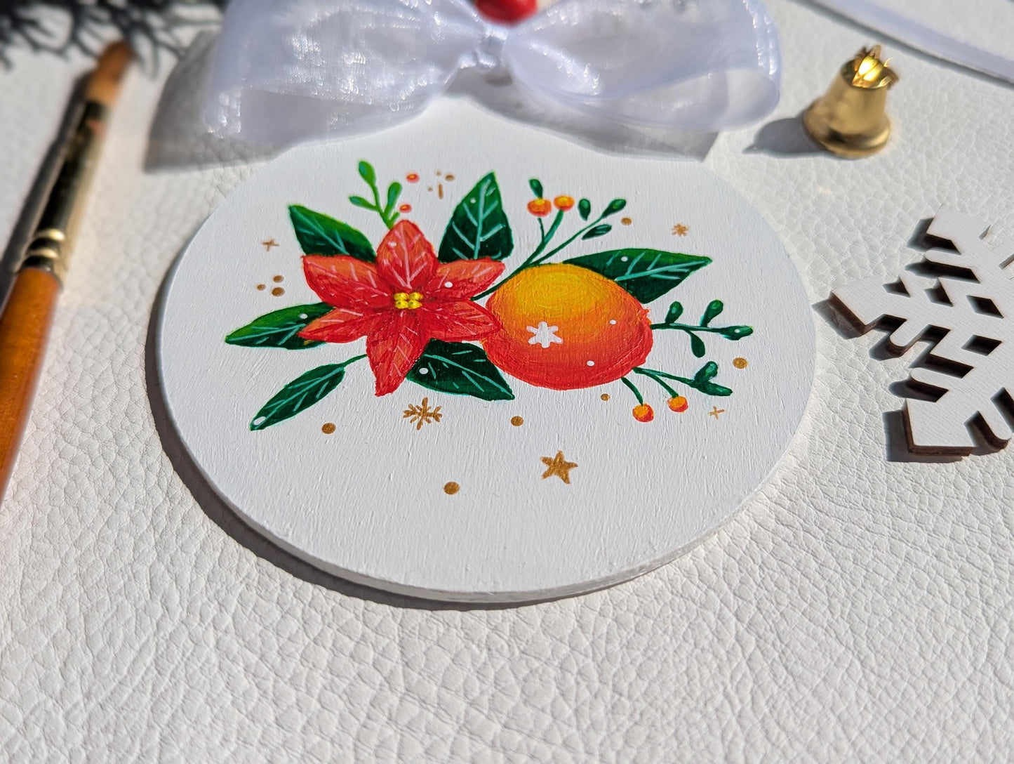 Hand-Painted Wooden Christmas Ornament: Christmas Flowers and Orange Design