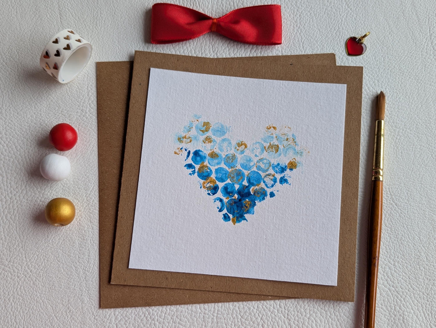 Handmade Blue & Gold Heart Card: Unique Acrylic Painting