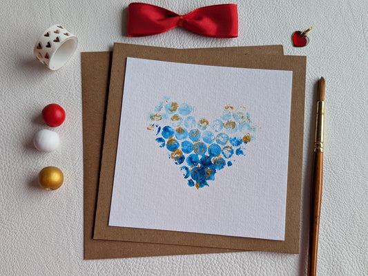 Handmade Blue & Gold Heart Card: Unique Acrylic Painting