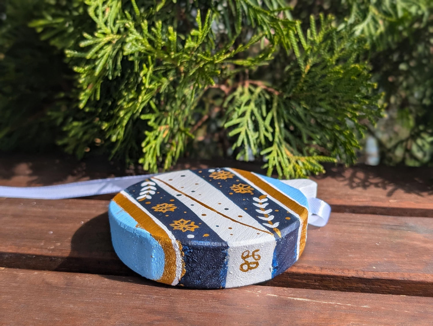 Hand Painted Boho Christmas Ornaments: Blue & Gold Wooden Decorations