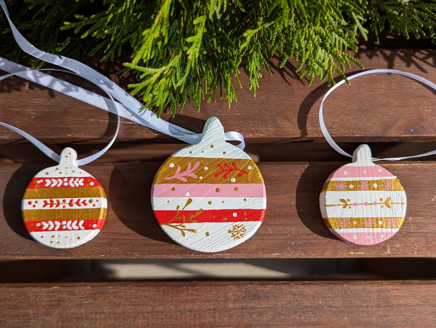 Hand Painted Boho Christmas Ornaments: Blue & Gold Wooden Decorations