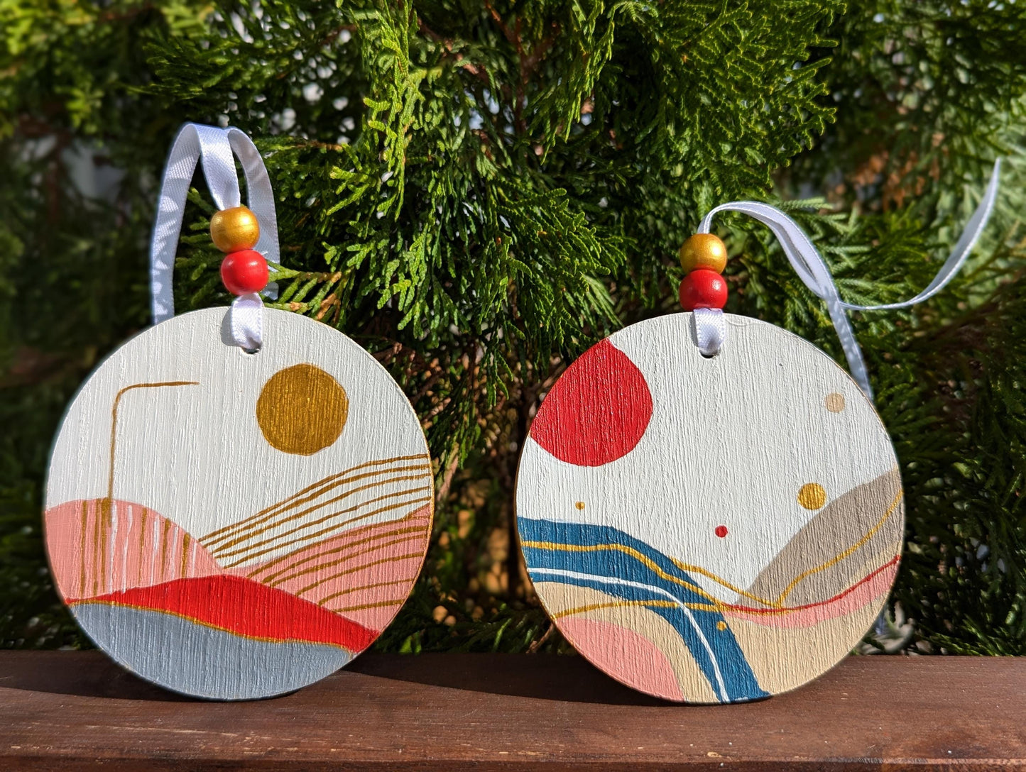 Hand-Painted Boho Christmas Ornaments: Wood Holiday Decor, Set of 2