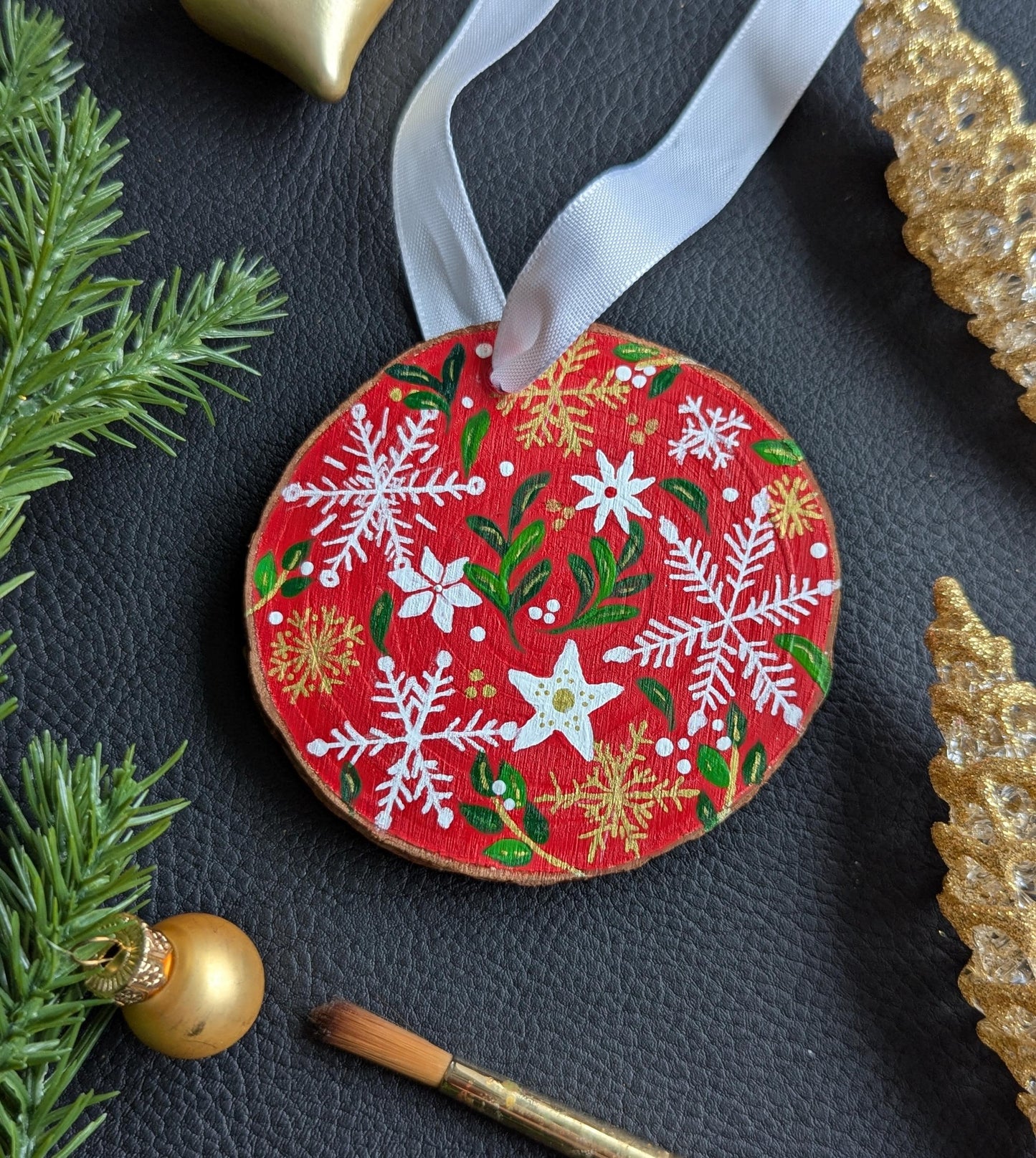 Hand-Painted Wood Slice Christmas Ornament: Rustic Snowflake Floral Design