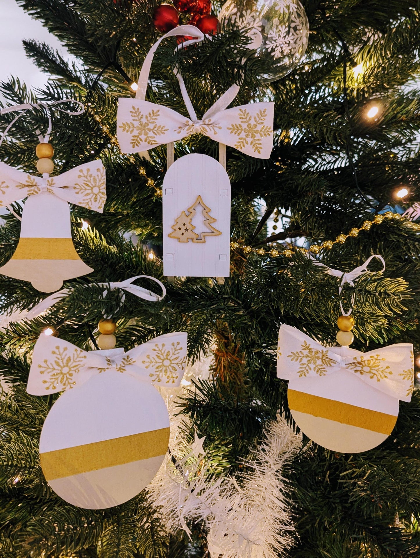 Scandinavian Christmas Ornaments Set: Hand-Painted Wood, Gold Accent